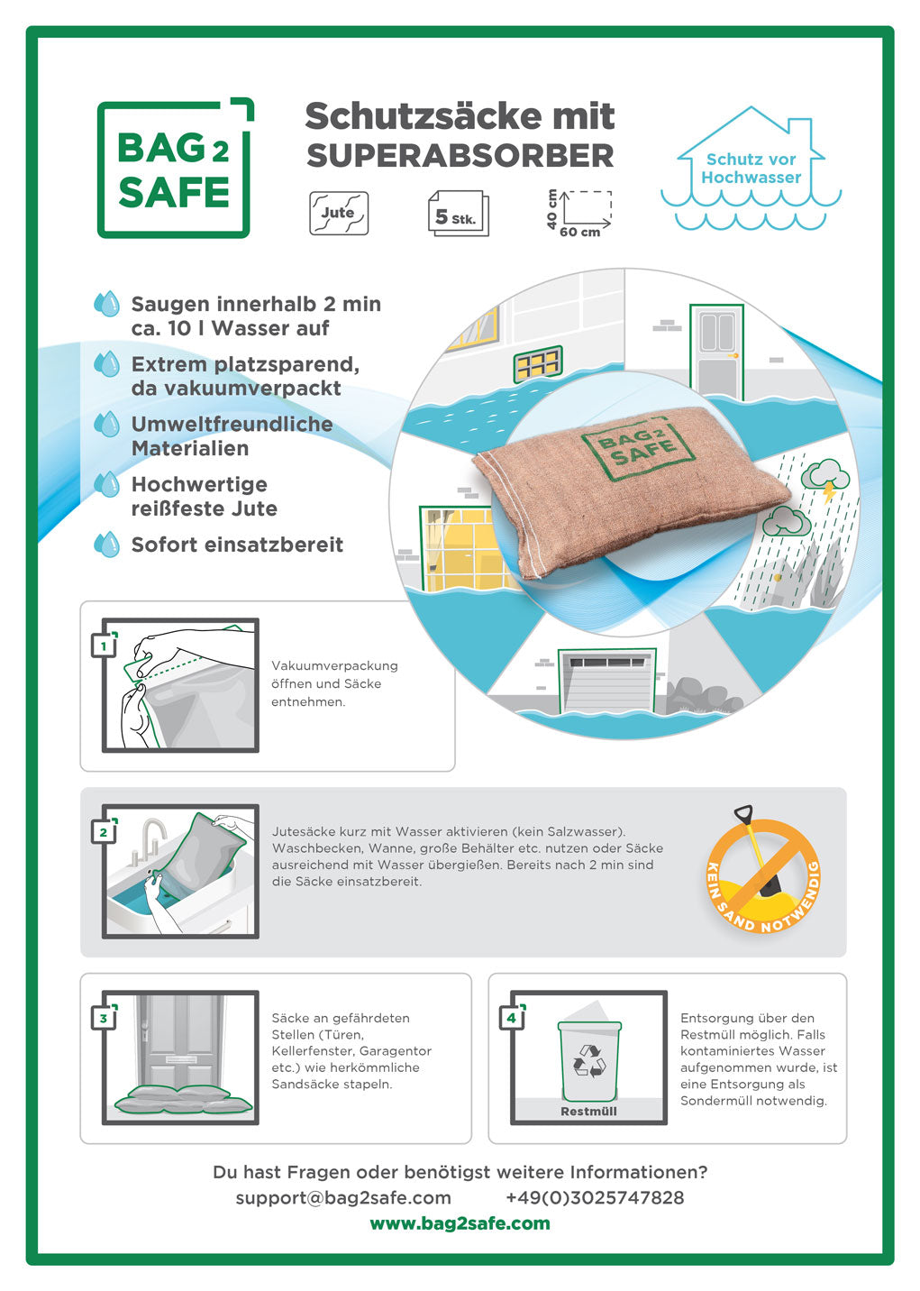 Etikett der Verpackung der BAG 2 SAFE Jutesäcke mit Superabsorber